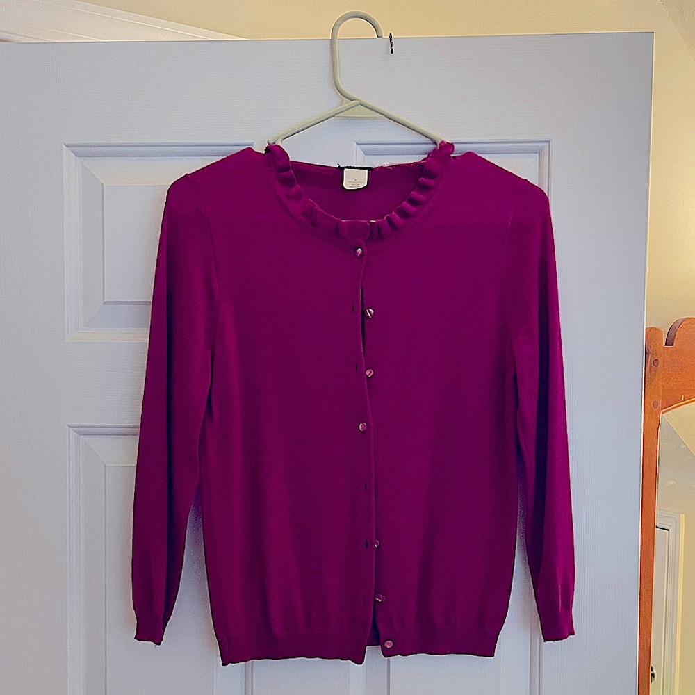 JCrew Marino wool fushia cardigan with frilly collar